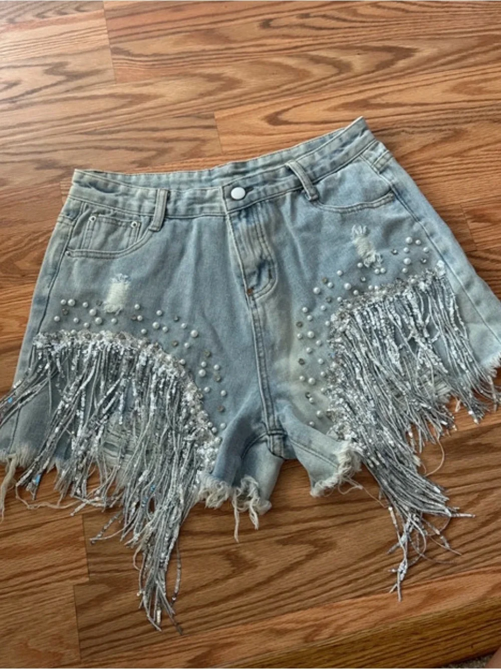 Embellished Light Blue Denim Fringe Shorts